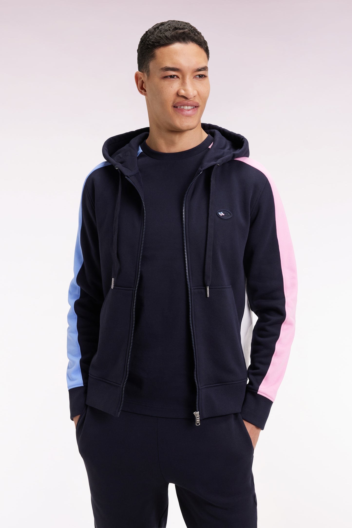 Zip-up hooded sweatshirt in navy fleece