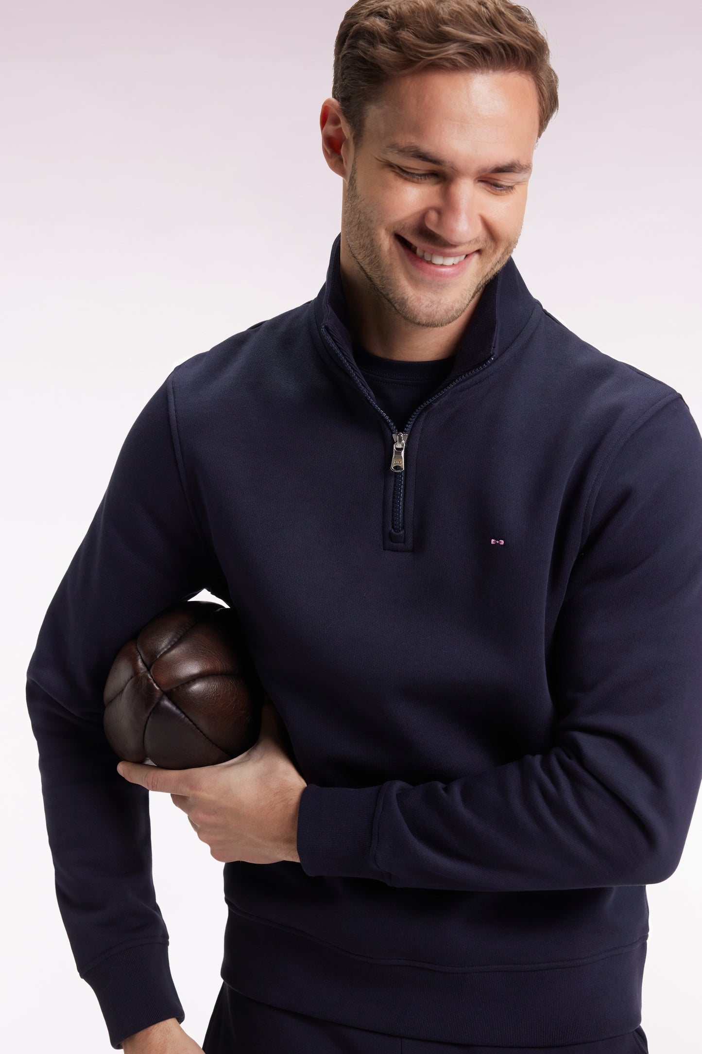 Sweatshirt à col montant zippé en molleton coton marine