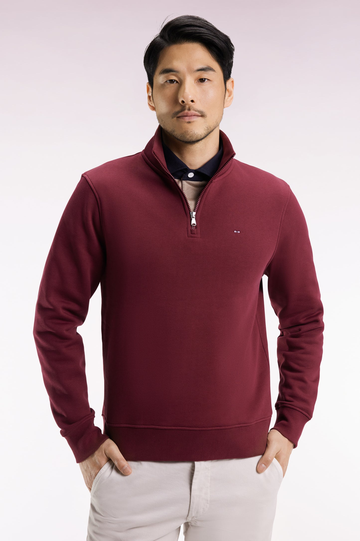 Sweatshirt à col montant zippé en molleton coton bordeaux