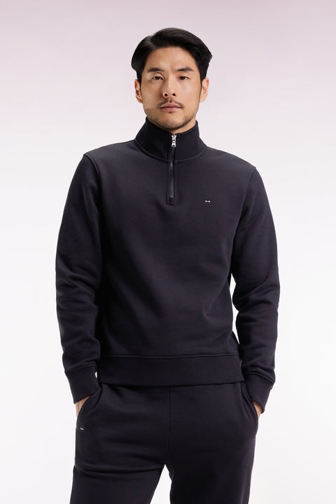 Sweatshirt à col montant zippé en molleton coton noir - Image 1