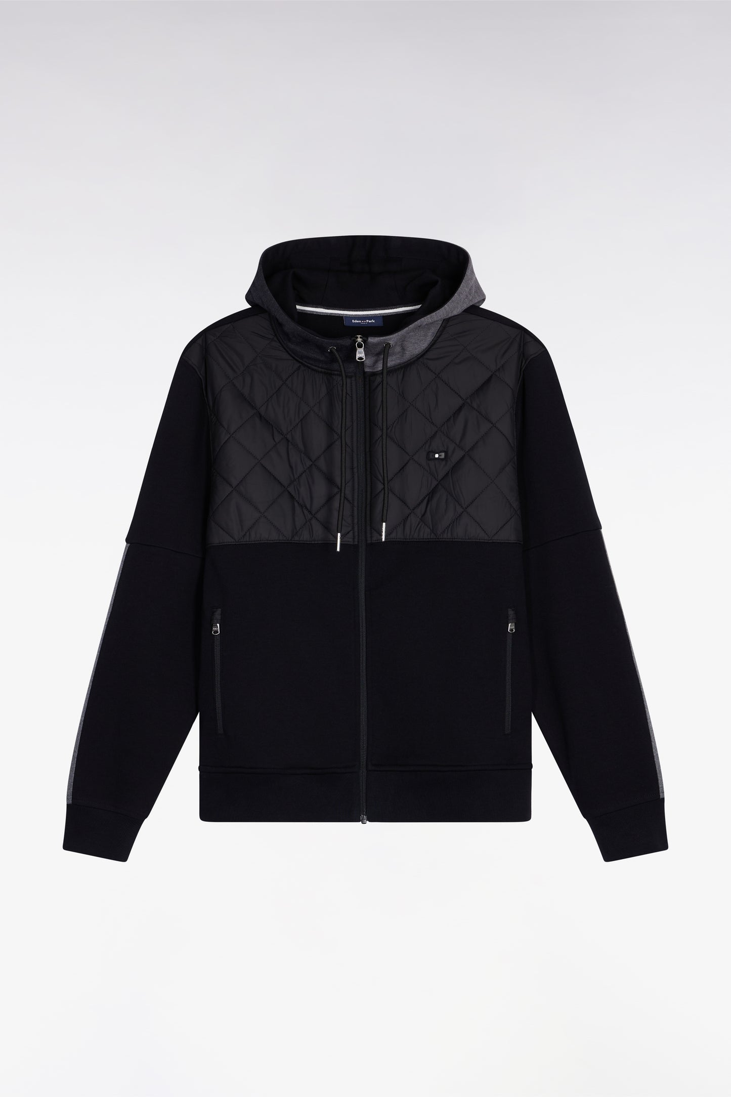 Sweatshirt zippé en interlock bimatière matelassé noir et gris