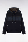 Sweatshirt zippé à capuche en molleton et nylon marine et beige