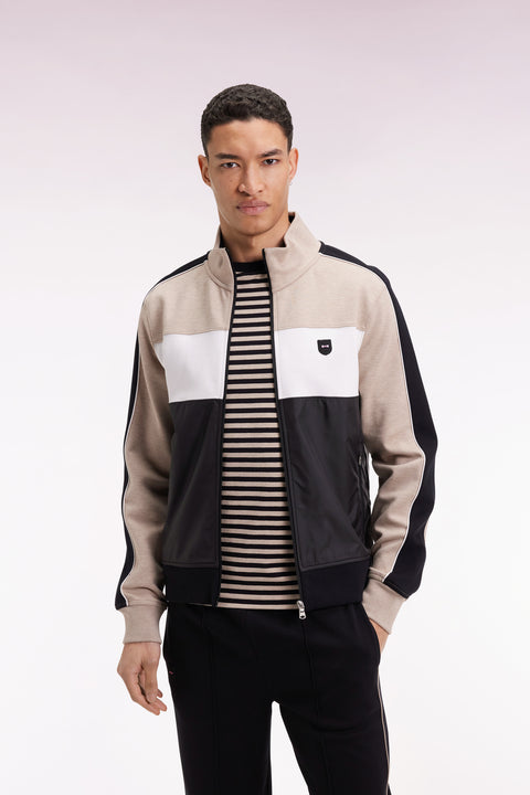 Sweatshirt zippé bimatière en nylon matelassé beige - Image 1