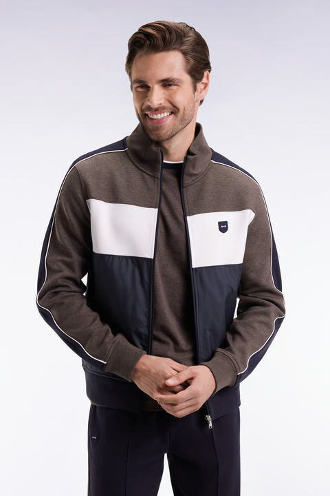 Sweatshirt zippé bimatière en nylon matelassé marron - Image 1