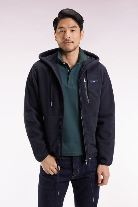 Sweatshirt zippé à capuche bimatière marine coupe droite - Image 1