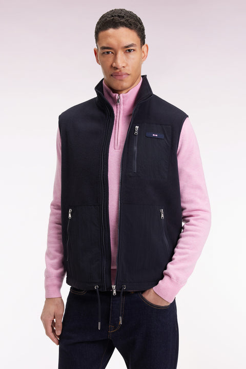 Sweatshirt sans manches zippé à capuche bimatière marine coupe droite - Image 1
