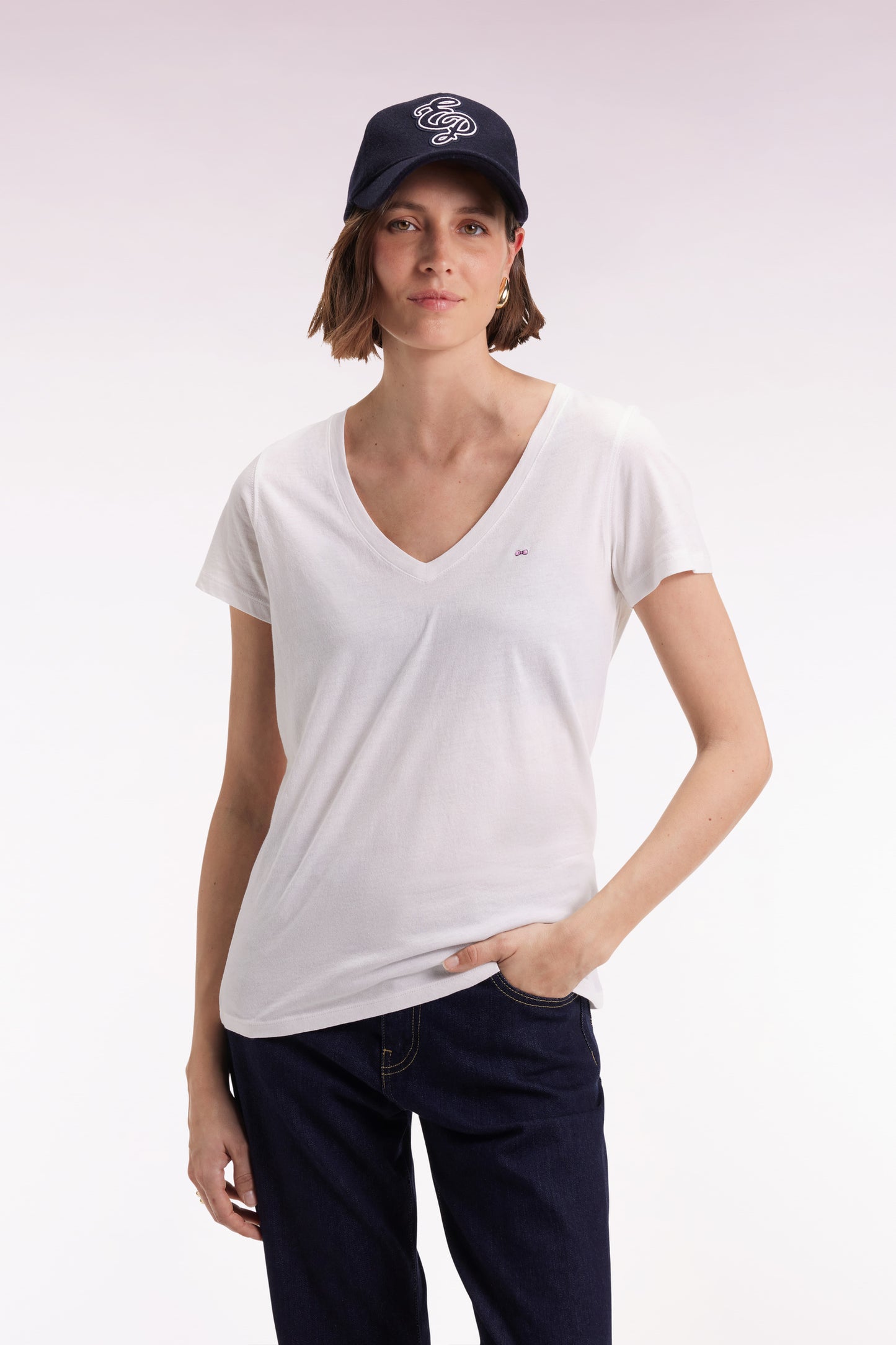 T-shirt à manches courtes en coton Pima blanc col V