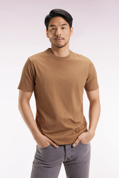 T-shirt manches courtes à col rond en coton Pima camel - Image 1