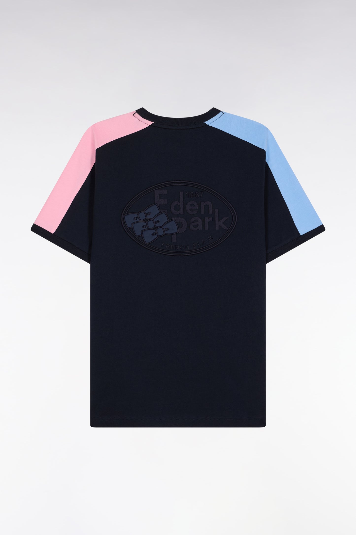 T-shirt à manches courtes en coton marine découpes colorées