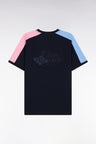 Short-sleeved navy cotton T-shirt with colorful cut-outs