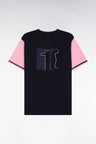 T-shirt à manches courtes bicolore en coton brodé marine et rose