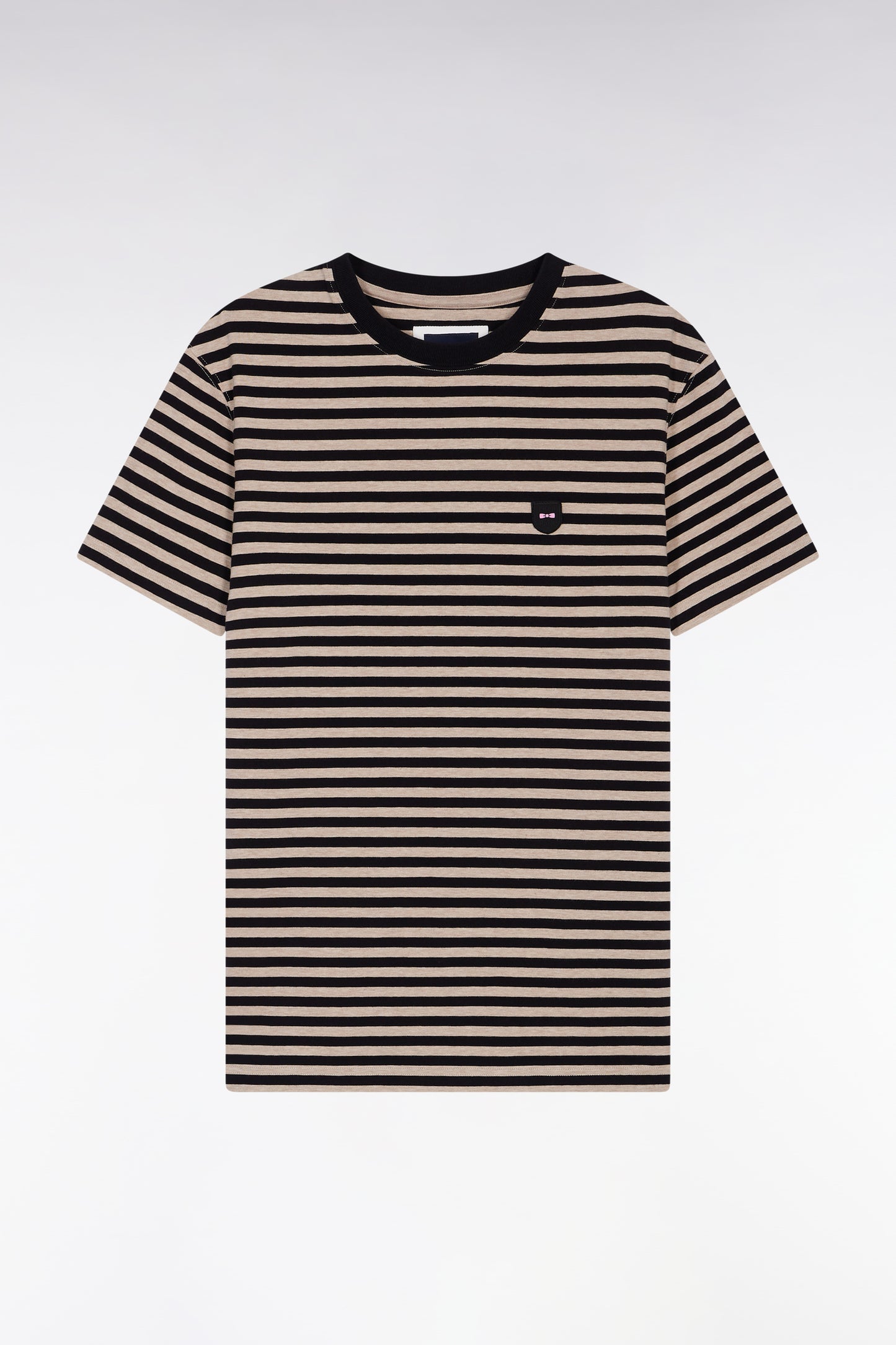 Short-sleeved T-shirt in navy and brown striped cotton jersey