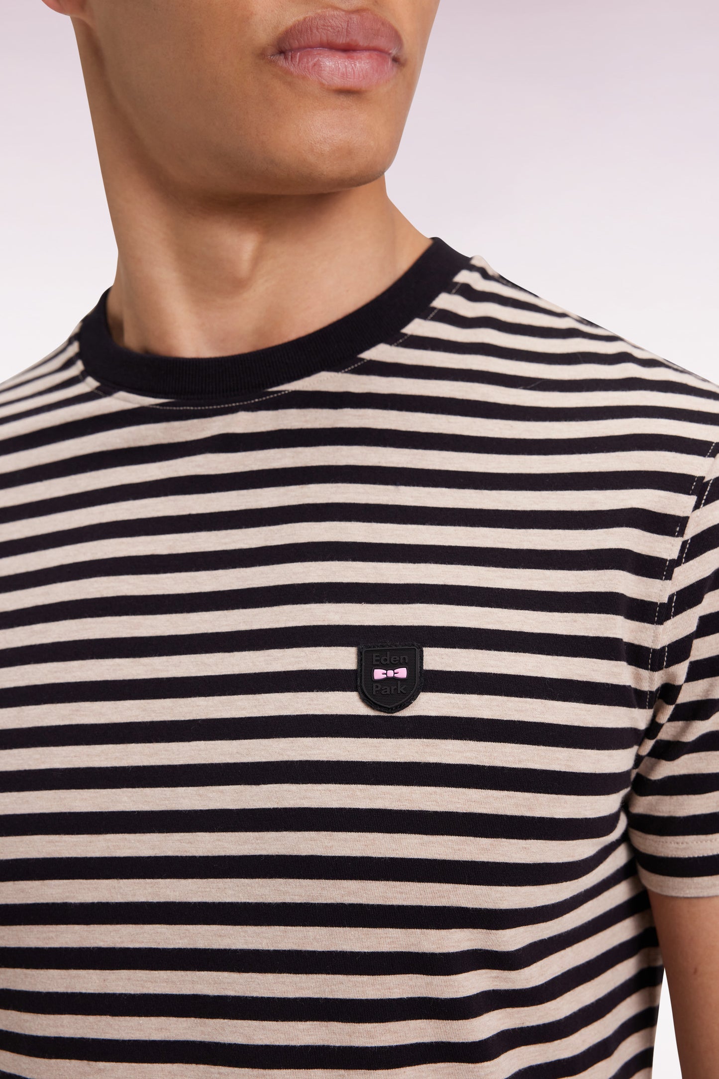 Short-sleeved T-shirt in navy and brown striped cotton jersey
