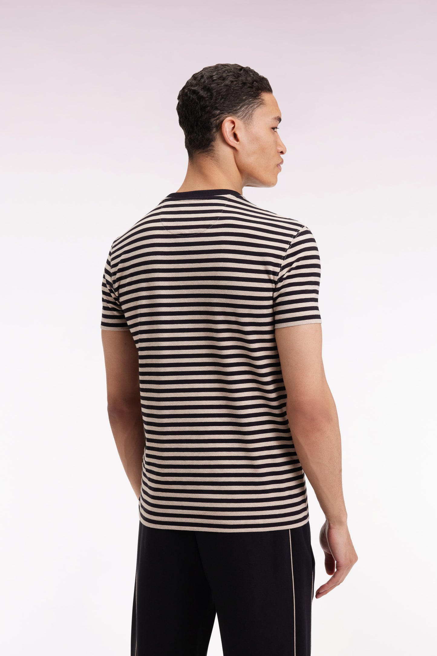 Short-sleeved T-shirt in navy and brown striped cotton jersey