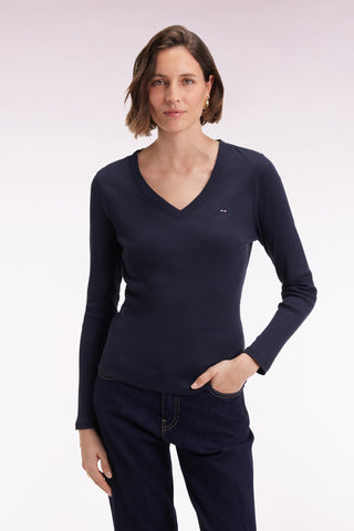 T-shirt à manches longues en coton Pima côtelé marine coupe slim