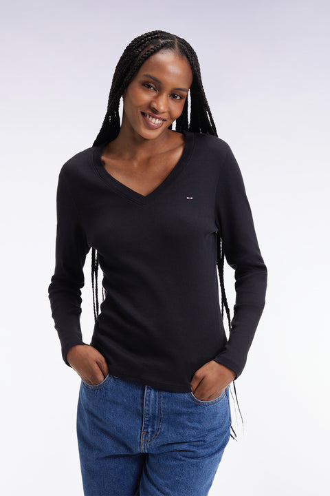 T-shirt à manches longues en coton Pima côtelé noir coupe slim - Image 1