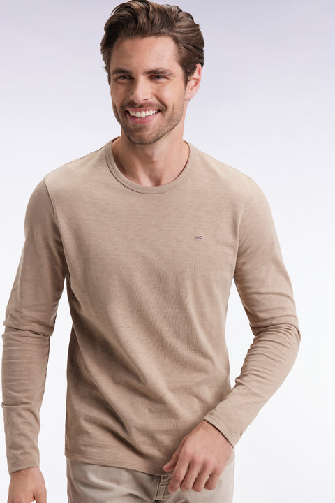 T-shirt à manches longues en coton slub beige - Image 3
