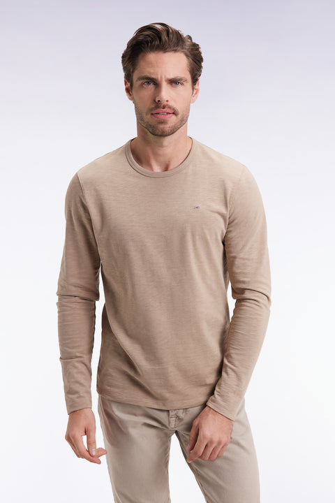 T-shirt à manches longues en coton slub beige - Image 1