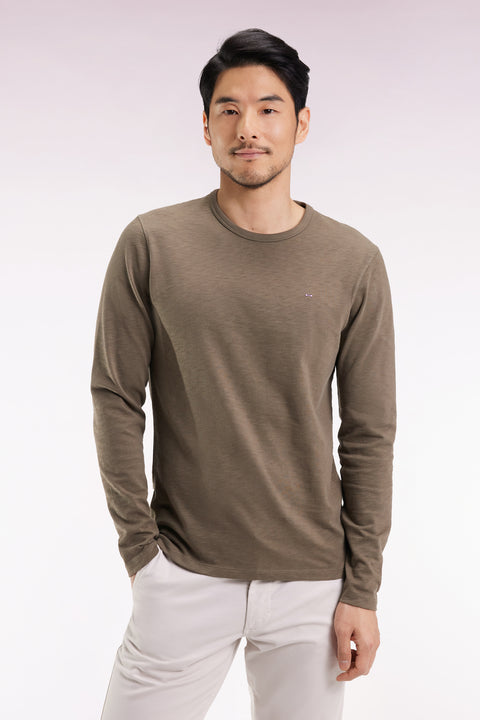 T-shirt à manches longues en coton slub kaki - Image 1