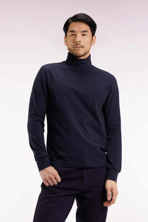 T-shirt col roulé à manches longues en coton stretch marine - Image 1