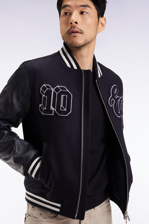 Blouson teddy bimatière manches cuir marine - Image 3