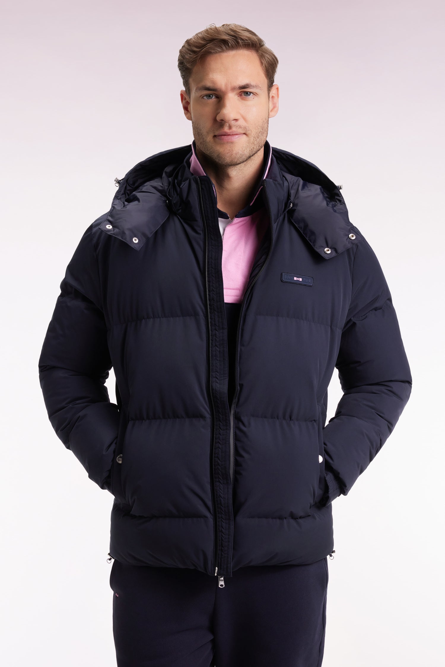 Doudoune en nylon matelassé marine à capuche amovible – Eden Park