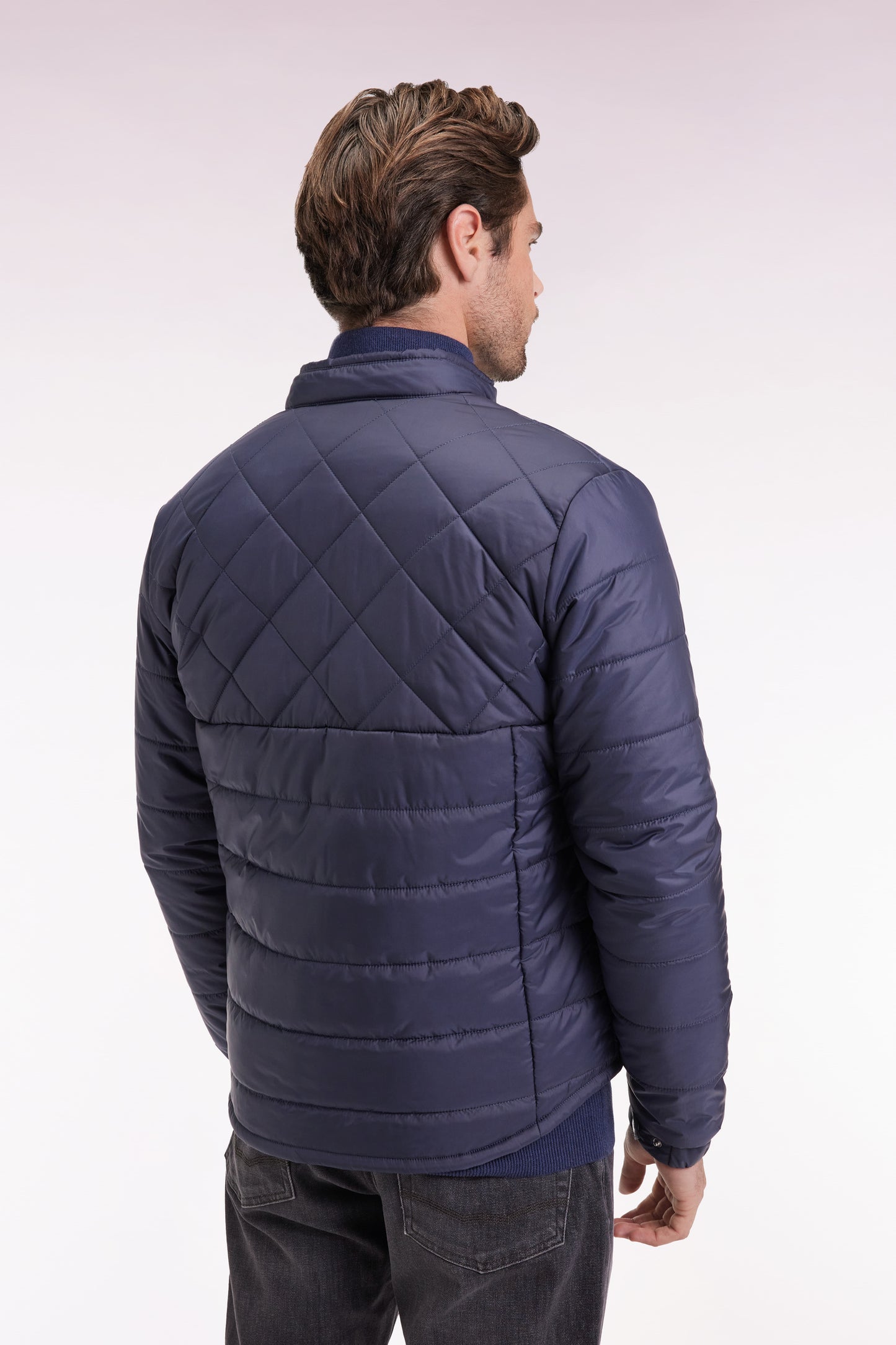 Doudoune bleue en nylon matelassé à col motard