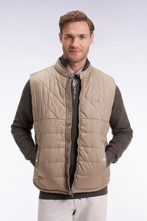 Doudoune sans manches col motard en nylon matelassé beige - Image 1
