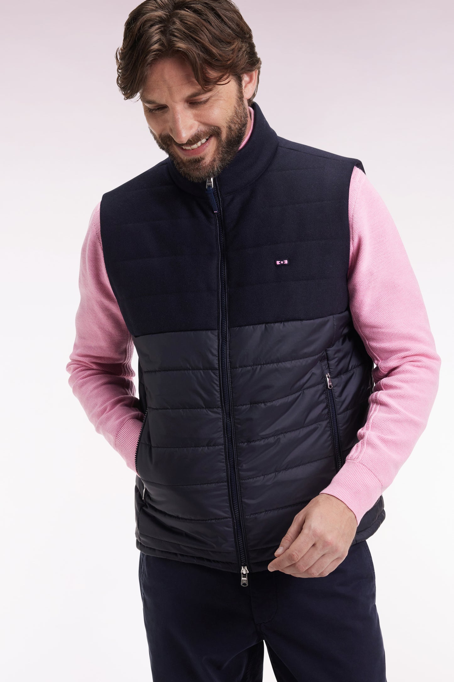 Doudoune sans manches bimatière en nylon et flanelle marine