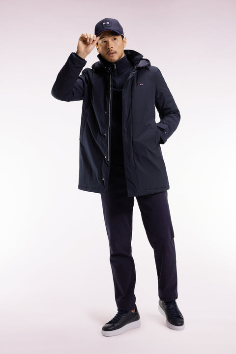 Imperméable long en nylon marine à capuche amovible - Image 3