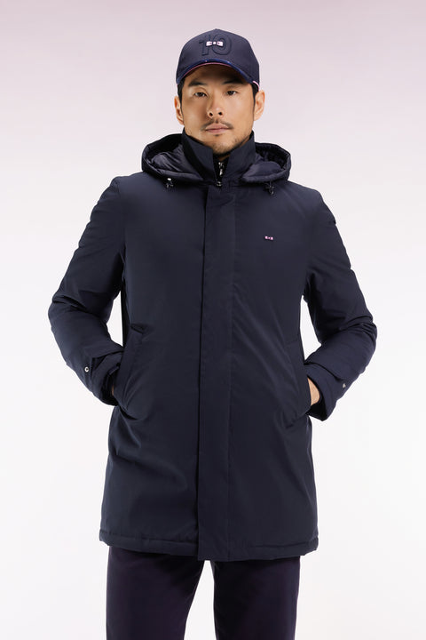 Imperméable long en nylon marine à capuche amovible - Image 1