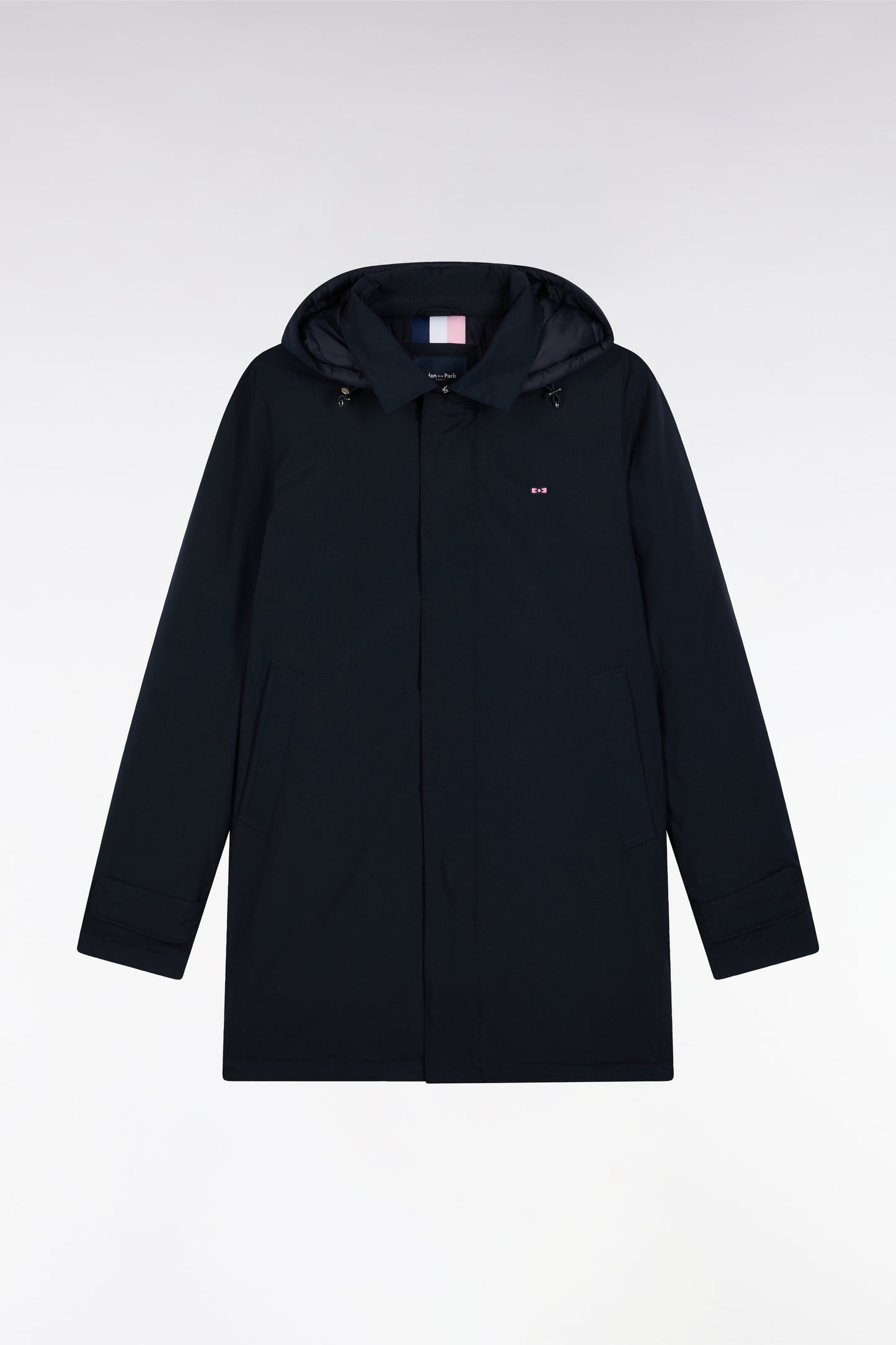 Imperméable long en nylon marine à capuche amovible