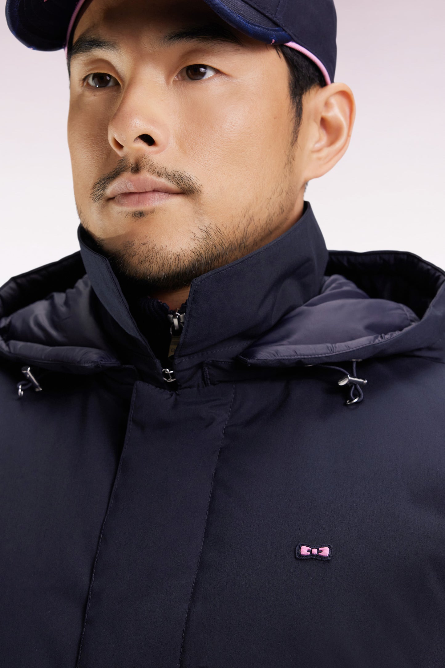 Imperméable long en nylon marine à capuche amovible