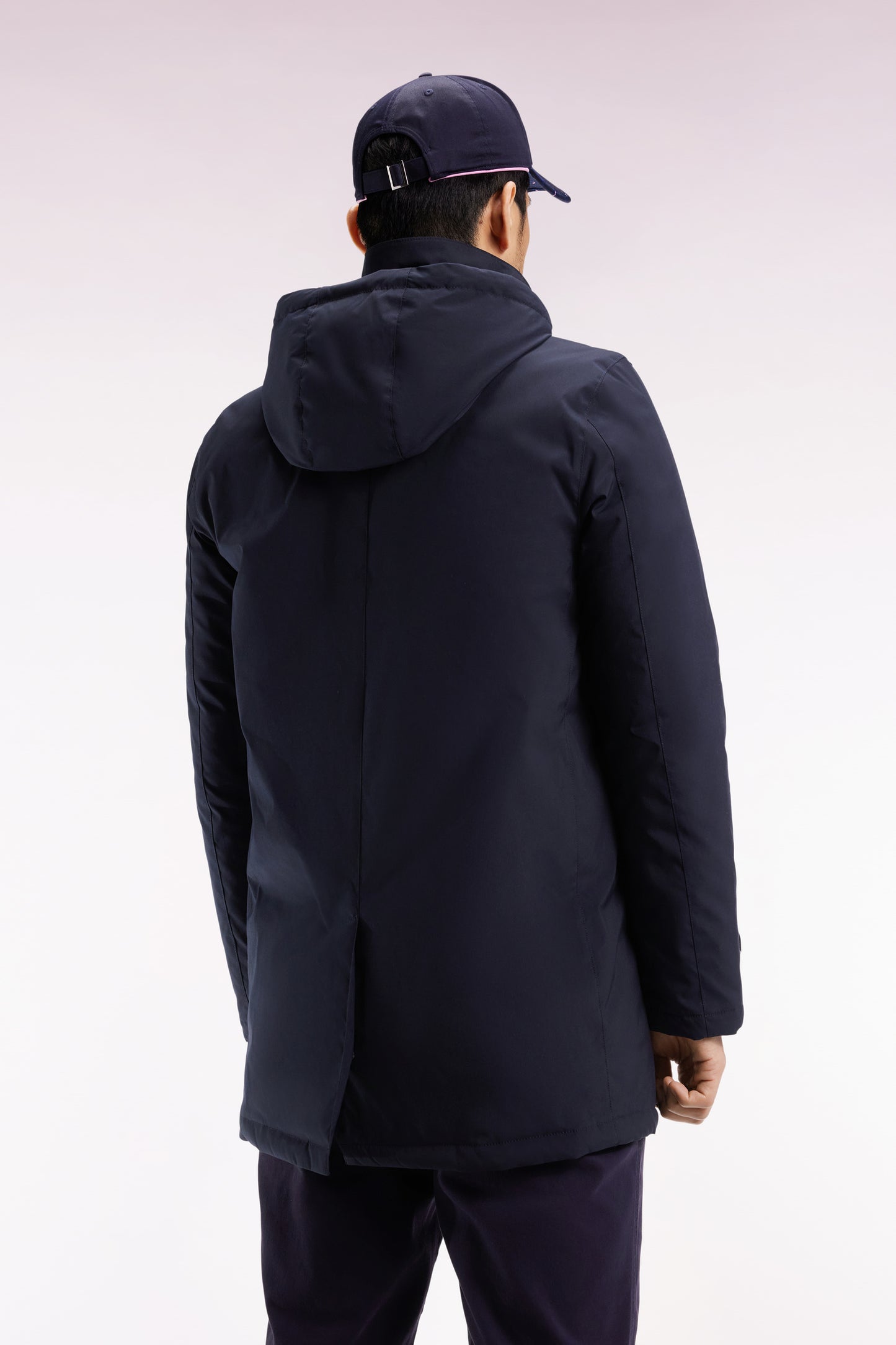 Imperméable long en nylon marine à capuche amovible