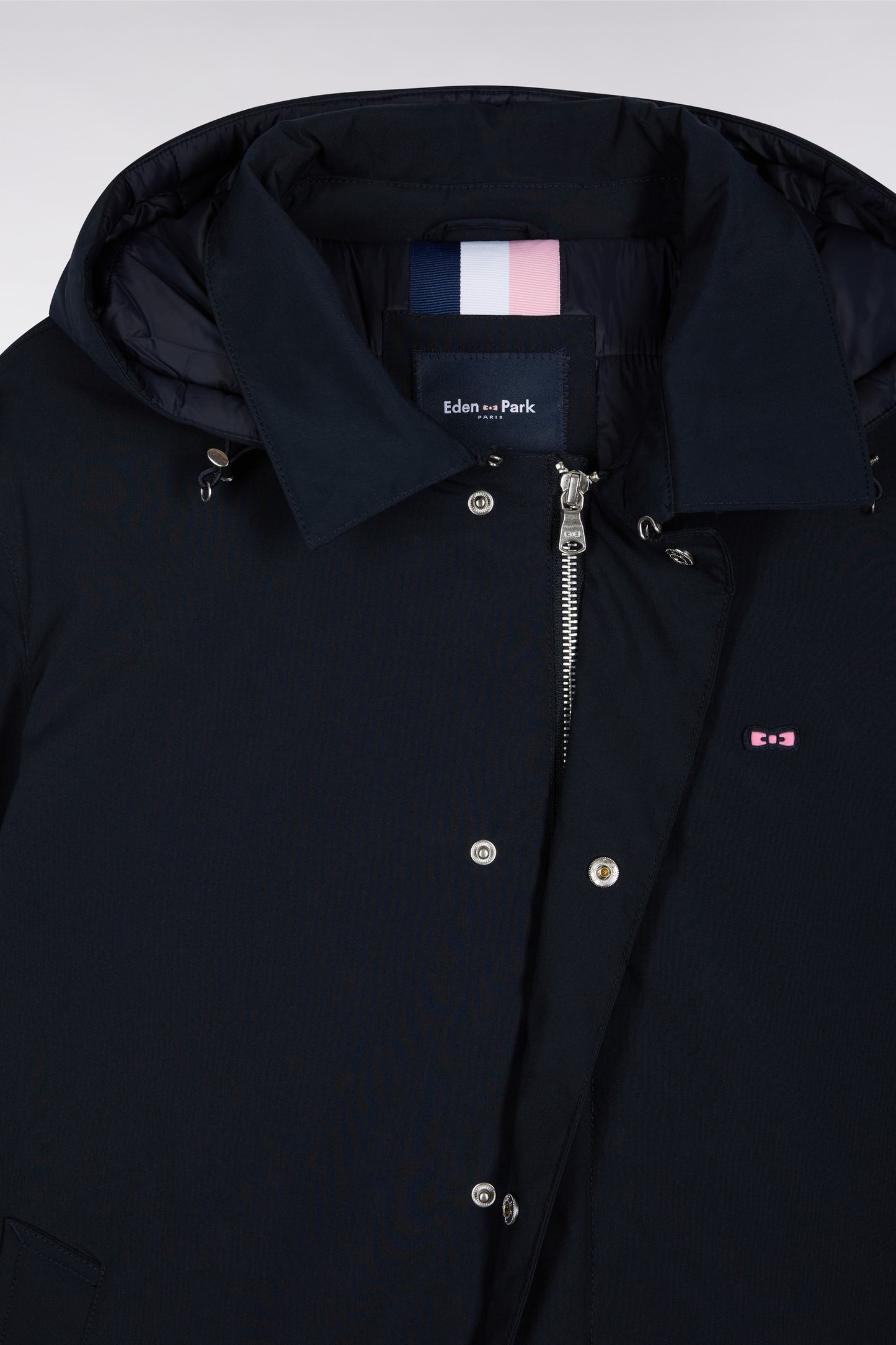Imperméable long en nylon marine à capuche amovible