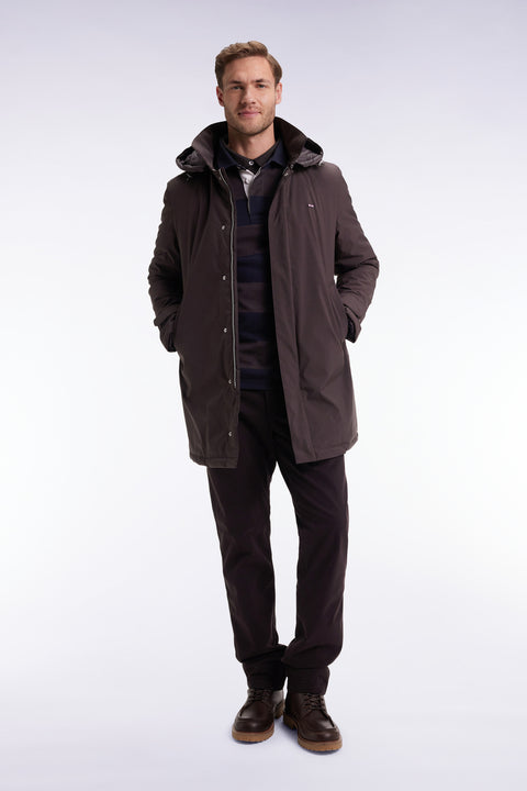 Imperméable long en nylon marron à capuche amovible - Image 1
