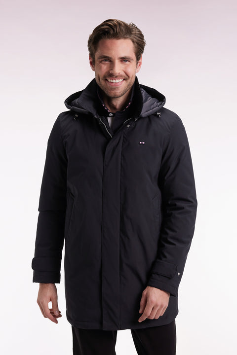 Imperméable long en nylon noir à capuche amovible - Image 1
