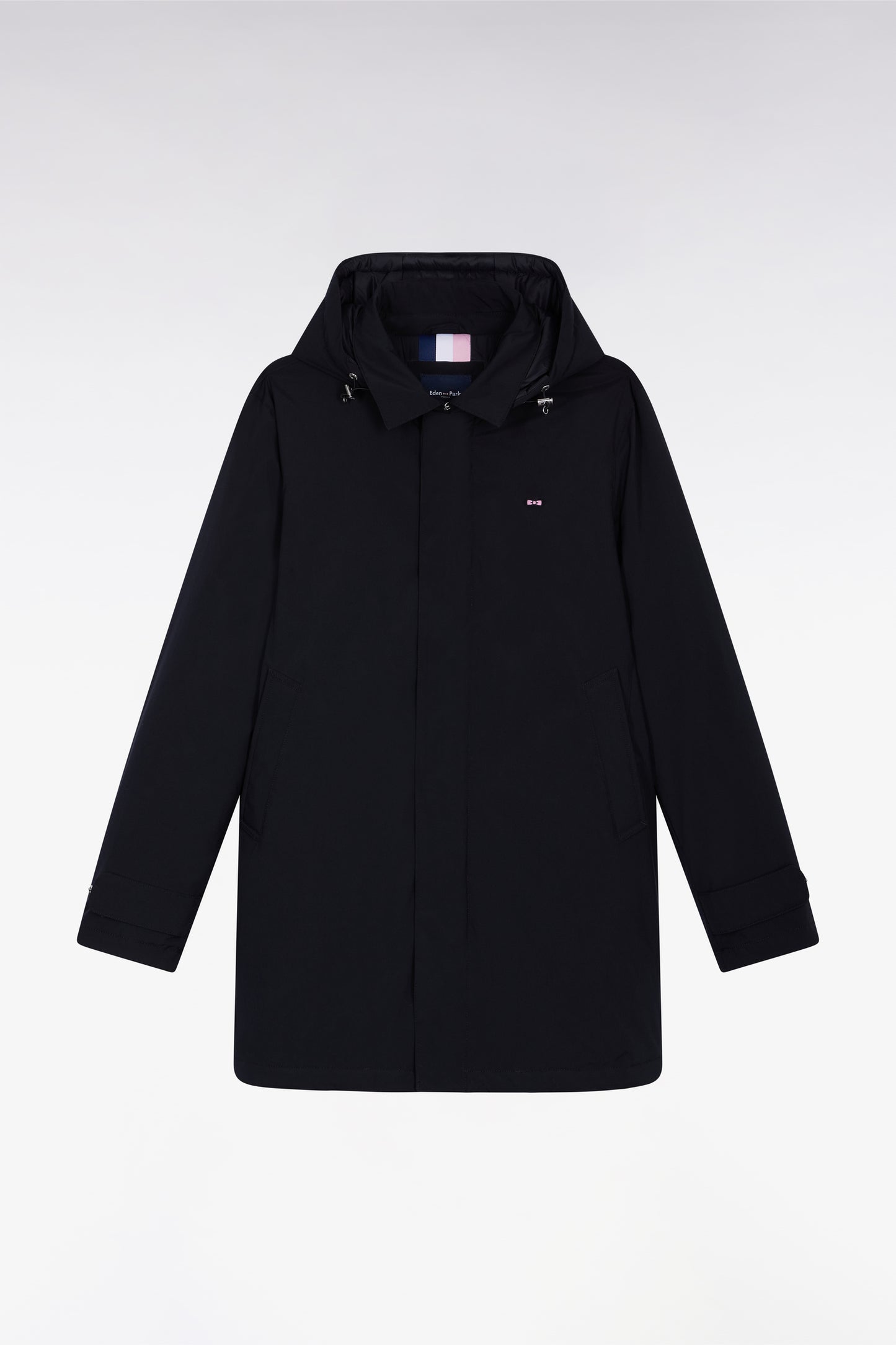 Imperméable long en nylon noir à capuche amovible