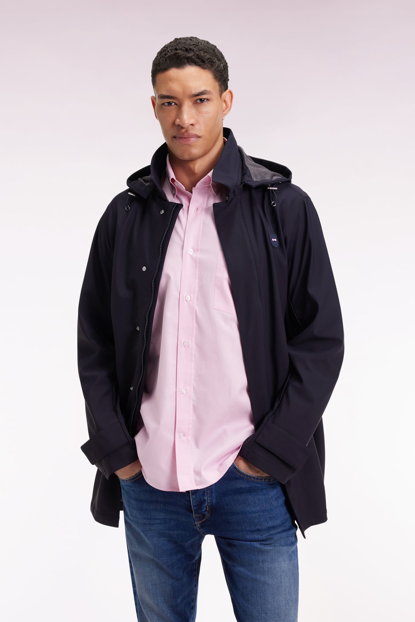 Imperméable long en jersey double face marine à capuche amovible
