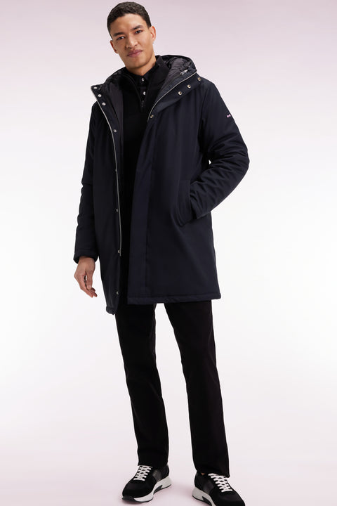 Parka longue 2-en-1 en nylon noir à capuche intégrée - Image 3