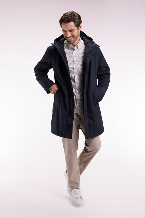 Parka longue en nylon marine à capuche intégrée - Image 1