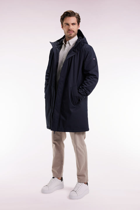 Parka longue en nylon marine à capuche intégrée - Image 1