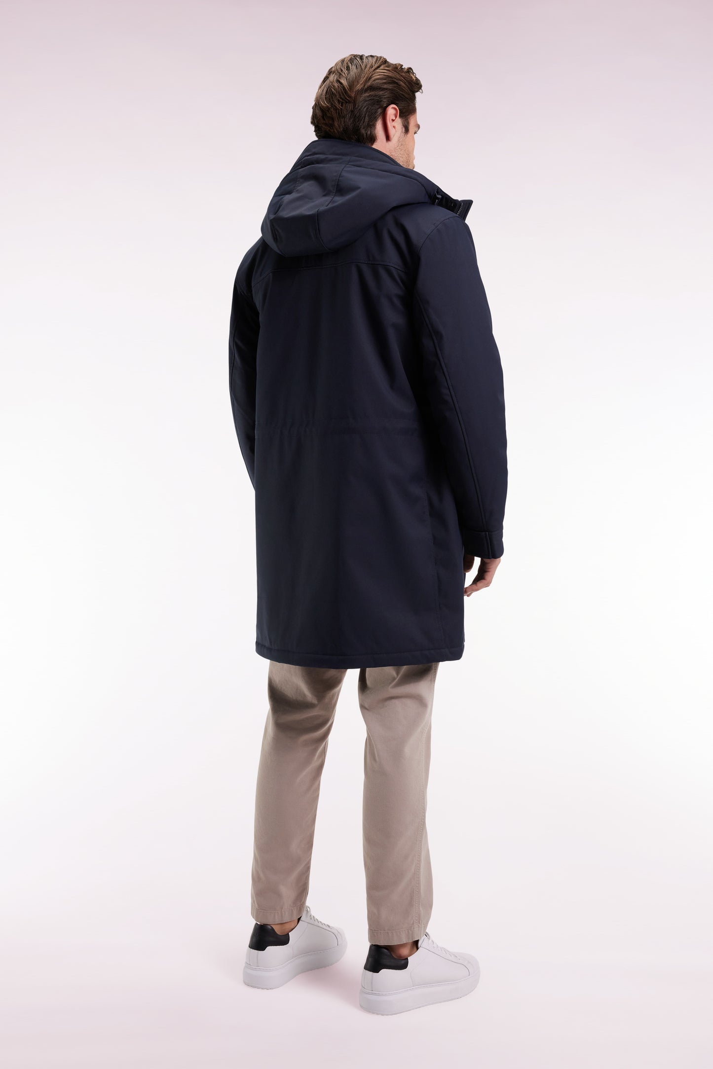 Parka longue en nylon marine à capuche intégrée