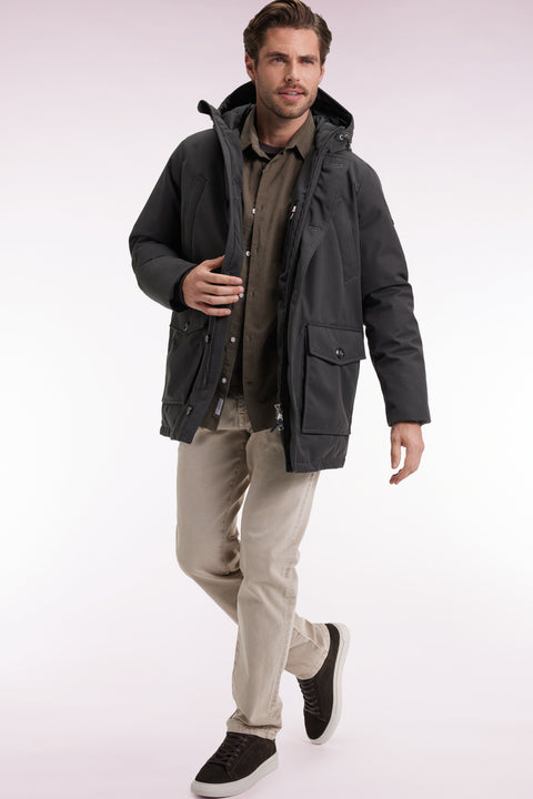 Parka courte en nylon kaki à poches plaquées - Image 1