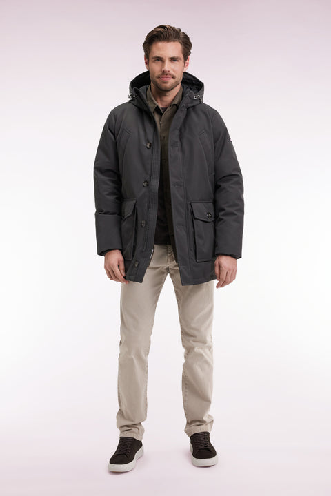 Parka courte en nylon kaki à poches plaquées - Image 1