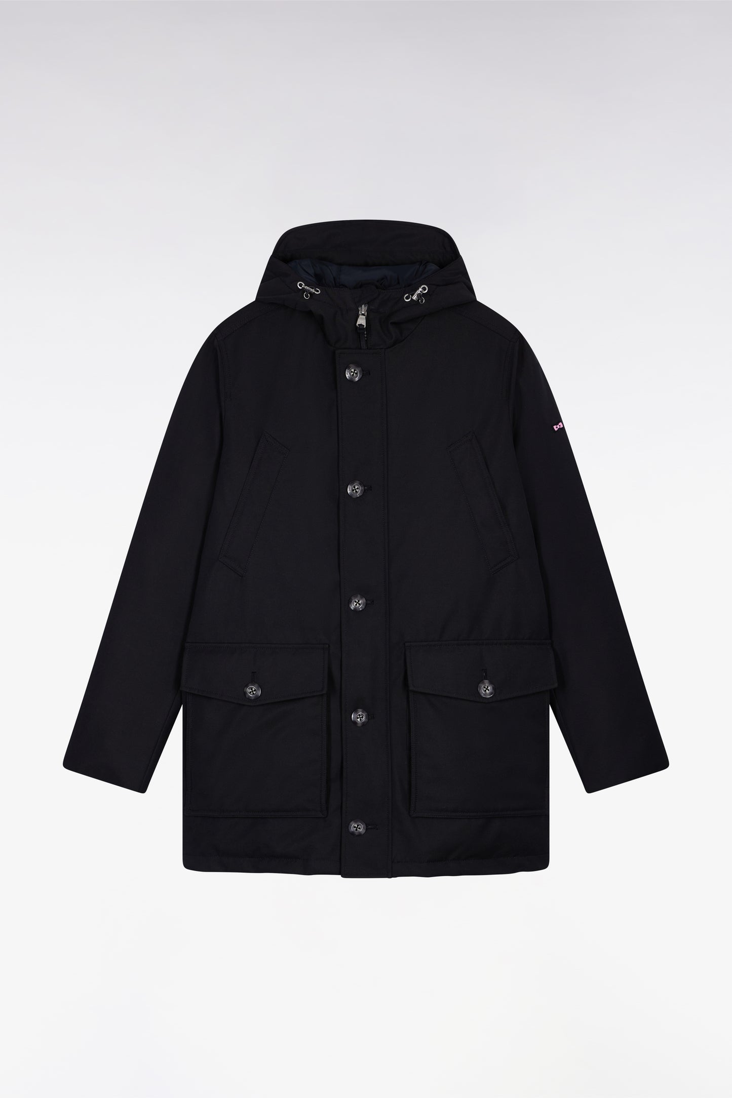 Parka courte en nylon noir à poches plaquées