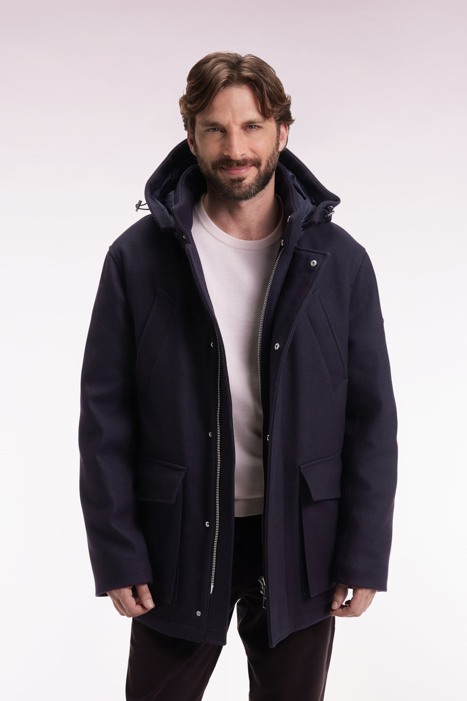 Short parka in navy wool and cashmere with detachable hood S