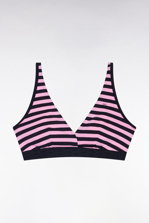 Soutien-gorge en jersey stretch cerclé rose et marine siglé - Image 1