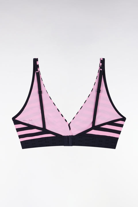 Soutien-gorge en jersey stretch cerclé rose et marine siglé - Image 2