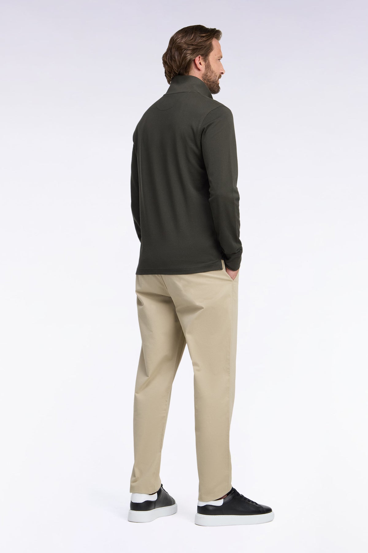 Pantalon chino sans plis en piqué de coton stretch beige coupe regular